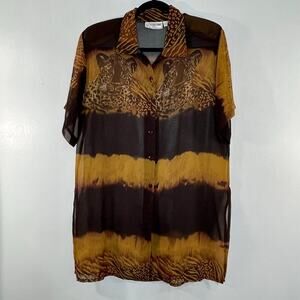 KLOZ LYNE Women Short Sleeve Tops Blouse Sheer Sz M Brown/Black Animal printed